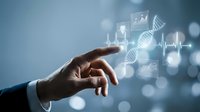 Businessman hand touching digital healthcare icons including DNA helix, heart rate monitor, and medical charts on blue background for medical technology and innovation concepts.
