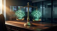 Digital justice scales with glowing network connections on wooden desk in modern office representing legal technology and balanced decision making.