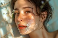 Beautiful young woman with freckles and floral face art in soft natural lighting, perfect for beauty, cosmetics and skincare advertising campaigns.
