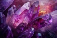 Vibrant purple amethyst crystal clusters with dramatic lighting effects showcase natural geometric formations against mystical background with pink and orange highlights.
