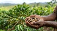 Farmer holding harvested cocoa beans in hands over plantation field with green crops in background, agricultural production and harvest concept.