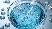 Laboratory pipette dropping liquid into petri dish with blue solution and bubbles, macro photography showing scientific research and chemical testing in medical lab.