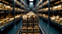 Gold bars stacked in secure vault with dramatic perspective view showing rows of precious metal storage shelves extending into dark background. Banking concept.