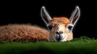 Curious alpaca peeking over grass against dark background, close up portrait showing fuzzy ears and gentle expression. Dramatic lighting highlights facial features.