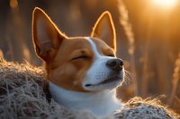 Peaceful Corgi dog resting with closed eyes in warm golden sunlight during sunset hour creating serene moment of relaxation and tranquility in nature.