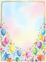Festive celebration frame with colorful balloons, confetti, stars, gift boxes, and party hats on pastel gradient background. Isolated design element ready for invitations, greeting cards, posters, and event announcements.