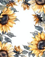 Watercolor sunflowers frame with yellow blooms and sage green leaves on white background, creating elegant botanical border design for wedding stationery and decor.