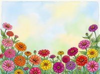 Colorful zinnia garden watercolor border with bright blooms in pink, orange, yellow and red on a soft pastel sky background.