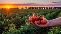 Fresh ripe tomatoes in farmer hand at sunset over organic vegetable garden field. Agricultural harvest concept for healthy food production and farming.