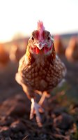 Close-up portrait of brown speckled hen with red comb looking directly at camera during golden sunset hour, standing on dark soil in farmyard setting.