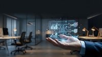Business professional displaying holographic data analytics dashboard with charts and graphs in modern office environment for corporate presentations.