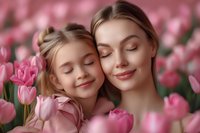Young Caucasian mother and daughter with closed eyes sharing tender moment among blooming pink tulips, expressing love and spring mood in soft dreamy lighting.