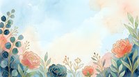 Soft watercolor floral border with pastel pink and teal blooms, green leaves, and gold accents on a light blue background for cards and invitations.