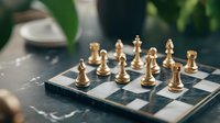 Golden chess pieces arranged on marble chessboard with soft natural lighting and shallow depth of field, creating strategic business concept atmosphere.