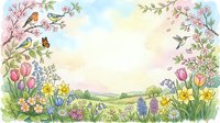 Spring landscape frame with blooming flowers, birds and rolling hills. Watercolor border design for greeting cards, invitations and seasonal decorations.