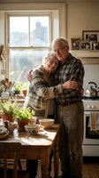 Happy senior Caucasian couple embracing in cozy kitchen with warm natural light streaming through window, surrounded by plants and family photos on shelves.