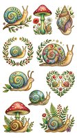 Whimsical snails, toadstools, and botanical elements with ornate spiral patterns, isolated on white background for clipart, t-shirt design, and craft projects.