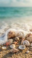 Seashells and starfish collection on sandy beach with ocean waves in soft focus background creating peaceful coastal vacation atmosphere.