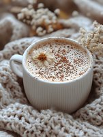 Creamy cappuccino topped with cocoa powder and delicate dried flower in white ribbed ceramic cup, nestled in cozy knitted blanket, warm autumn mood.