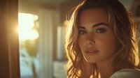 Young woman with glowing skin and wavy brown hair in warm golden sunset light through window, soft natural makeup, serene expression, backlit portrait with bokeh effect.