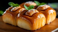 Fresh baked sweet rolls topped with caramel sauce, pecans and mint leaves on wooden surface, close up view of homemade pastry with selective focus.