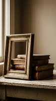 Vintage wooden picture frame and antique books on rustic table by window creating warm nostalgic atmosphere for home decor and interior design projects.