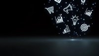 Business icons floating in dark space with glowing effects representing marketing, analytics, targets, shopping and growth concepts for presentations.