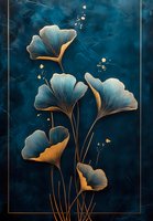 Elegant ginkgo leaves in turquoise and gold tones against deep blue background with delicate sparkles, framed composition for luxury wall art and home decor.