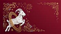 Elegant goat zodiac symbol with ornamental gold and white decorative elements, fireworks, and flourishes on deep burgundy background for festive celebrations.