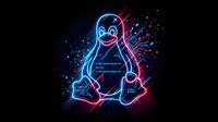 Neon glowing Linux penguin mascot with electric blue and red light effects on dark background for tech presentations and software development projects.