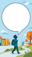 Student walking with backpack in colorful school neighborhood scene with empty speech bubble for text, education and learning concept for back to school designs and promotional materials.