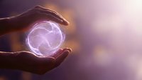 Hands protecting glowing purple energy sphere with magical light effects on soft gradient background for spiritual healing and mystical concepts.