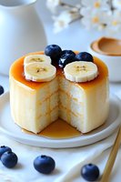 Creamy caramel flan topped with fresh banana slices and blueberries on white plate. Cut piece reveals smooth custard texture with golden caramel sauce dripping down sides.