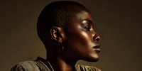 Profile portrait of African woman with short hair and earring against dark brown background, dramatic lighting highlighting facial features and skin texture.