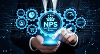 Businessman holding glowing NPS Net Promoter Score interface with digital gears and customer satisfaction icons on dark technology background.
