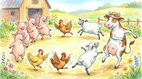 Cheerful farm animals including pigs, chickens, sheep and cow playing together in sunny barnyard with wooden barn and rolling green hills background.