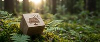 Wooden cube with solar panel icon resting on moss in a sunlit green forest, symbolizing renewable energy and eco-friendly sustainability concepts.