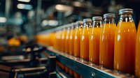 Fresh orange juice bottles on production line in bottling facility, showcasing vibrant color and industrial food processing environment.