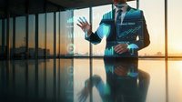 Businessman in office with digital holographic charts and graphs overlay, analyzing financial data and market trends at sunset through modern windows.