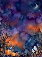 Watercolor Halloween night scene with pumpkins, ghosts, bats, crescent moon, bare trees, and glowing sky in purple and orange tones.