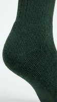 Close-up of a dark green knitted cotton sock showing ribbed texture and cushioned heel detail on a white background.