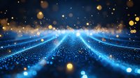 Glowing blue light trails with golden bokeh effects on dark background create futuristic perspective path with magical sparkle and shine elements.