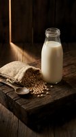 Fresh soy milk in glass bottle with soybeans spilling from burlap sack on rustic wooden table with warm sunlight streaming through window.