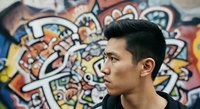 Young Asian male in profile against vibrant street art graffiti wall background. Urban lifestyle and contemporary culture concept for design and creative projects.