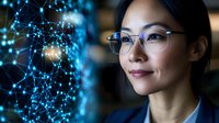 Asian businesswoman with glasses analyzing digital network connections and data visualization in modern tech environment for business intelligence.