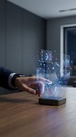 Businessman hand touching holographic display with financial data, charts and analytics icons floating above smartphone on wooden desk in modern office environment.