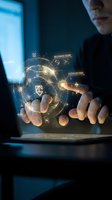 Businessman interacting with holographic digital interface displaying data analytics, relevance score, and filter criteria on tablet device in dark office environment.