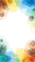 Tropical summer watercolor frame with palm leaves, seashells, fish and waves on white background for vacation designs and beach themed projects.