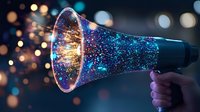 Glowing megaphone emitting magical sparkles and light particles against dark background with bokeh lights, creating dreamy communication concept.