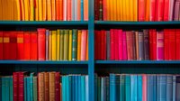Colorful vintage hardcover books arranged on wooden library shelves create vibrant rainbow pattern, perfect for education, knowledge and literature concepts in modern design projects.